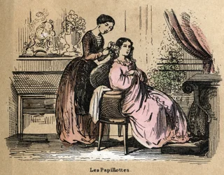 Beschrijving van de verschillende producten en toepassingen van papier: folies, stukjes papier gebruikt om haar te scheiden door drogers. Plaat "Le papier et ses producten" in "les Recreations instructives" Synoptisch schilderij door Jules Delbruck, gravur