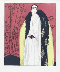Ontwerp voor een avondjapon met bont afgezette kap, pub. 1924 (pochoirdruk)