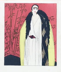 Ontwerp voor een avondjurk met bont afgezette cape, pub. 1924 pochoir print