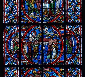 Detail (begrafenis) uit een raam van de Dood en Tenhemelopneming van de Maagd Maria
