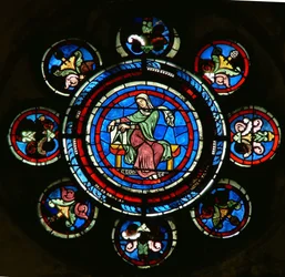 Detail van het noordelijke roosvenster met meetkunde uit de vrije kunsten