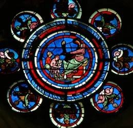 Detail (het noordelijke roosvenster) met Grammatica van de Vrije Kunsten