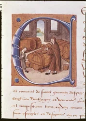Detail van een gehistorieerde initiaal met een illustratie van een wijnboer aan het werk, uit het 