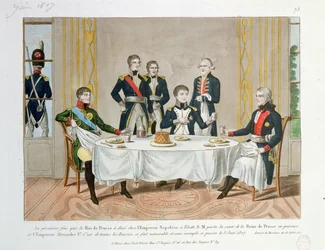 Diner in Tilsit tussen Frederik Willem III van Pruisen, Tsaar Alexander I van Rusland en Napoleon, die een toast uitbrengt op de Koningin van Pruisen, 3 juni 1807