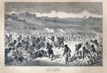 Ontdekt Canada: Sport. Het lacrossespel van de Amerikaanse Indianen. Tekening door Gustave Dore. Gravure uit het einde van de 19e eeuw in 