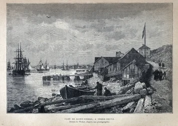 Ontdekking van Canada: Haven van St. Peter (St. Pierre) in Newfoundland. Tekening door Weber naar een foto. Gravure uit het einde van de 19e eeuw in 