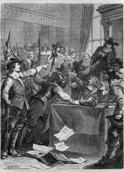 Ontbinding van het parlement door Oliver Cromwell (1599-1658) Britse militair en politicus die Engeland regeerde. Gravure in "History of the Popes (...) Crimes of the Queen King and Emperors through the centuries" door Maurice Lachatre