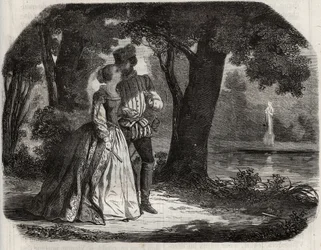 Don Juan besprak met Anna van Oostenrijk (1549-1580) zijn mogelijke verbintenis met prins Don Carlos (1545-1568), zoon van koning Filips II van Spanje (1527-1598). Gravure uit 1871 in 