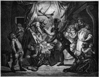 Don Quichot vecht tegen de poppen die hij denkt dat Moren zijn. Gravure door V. Beauce naar het schilderij van Charles Antoine Coypel (1694 - 1752) ter illustratie van de roman door Cervantes (1547-1616). In 