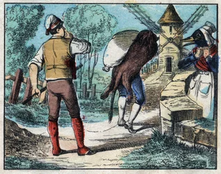 Ezel die de huid van de leeuw draagt. Fabels van Jean de La Fontaine. Epinal afbeelding eind 19e eeuw.