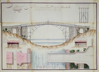 Tekeningen en doorsnede van de IJzeren Brug gebouwd in 1779 in Coalbrookdale, Shropshire, Engeland, 1784