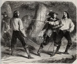 Duel met het zwaard tussen de Burggraaf van Cahuzac en de Markies van Gesvres, op wie de koningin van Frankrijk Anne van Oostenrijk verliefd is, in het bos van Vincennes. 17e eeuw. Gravure uit 1871 in 