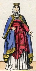 Dynastie van de Capetingers: Portret van Isabelle de Hainaut (1170-1190) Koningin van Frankrijk, vrouw van Filips II bekend als Filips Augustus (1165-1223). Epinal afbeelding uit het einde van de 19e eeuw. Privécollectie.
