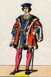 Dynastie van de Valois: Portret van Karel VIII (1470-1498), Koning van Frankrijk van 1483 tot 1498. Epinal afbeelding eind 19e eeuw. Privécollectie.