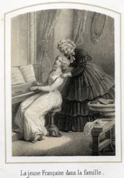 Onderwijs voor jonge meisjes uit goede families: een jonge Franse vrouw die op de piano zit, wordt overgenomen door haar huishoudster. Anonieme gravure uit de 19e eeuw.