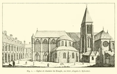 Eglise et charnier du Temple, in 1650; naar I Sylvestre