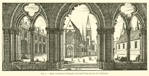Kerk en knekelhuis van de Tempel, facsimile van een gravure van I Sylvestre