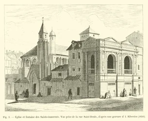 Kerk en fontein van de Heilige Onschuldigen, gezien vanaf de rue Saint-Denis, naar een gravure van I. Silvestre, 1650
