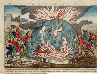De betreurenswaardige brand van de aërostatica machine van de heren Miolan en Janinet op zondag 11 juli 1784. gepubliceerd 1784 (handgekleurde gravure)