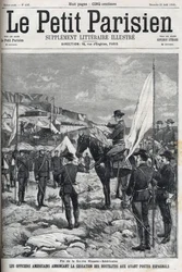 Einde van de Spaans-Amerikaanse Oorlog in 1898. Amerikaanse officieren kondigen het staken van de vijandelijkheden aan bij de Spaanse voorposten. Gravure in 