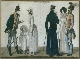 Engelse kostuums, illustratie uit Le Bon Genre, begin 19e eeuw (kleurgravure)