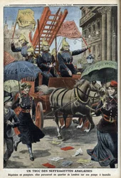 Engelse suffragettes verkleed als brandweermannen, uit 