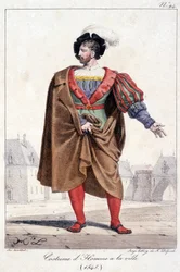 Gravure van een stadsman in kostuum rond 1545