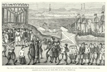 Executie van de beroemde Duitse piraat Stoerteneck en zijn zeventig medeplichtigen, in 1402, in Hamburg; naar een volksprent uit de late 16e eeuw, bibliotheek van de stad, in Hamburg