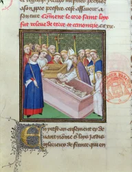 Opgraving en Heiligverklaring van St. Louis (1215-70) in 1297, uit Les Grandes Chroniques de France