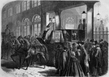 Vertrek van keizer Napoleon III (1808-1873) uit de Comédie-Française na een opvoering van “Chatterton”. Parijs