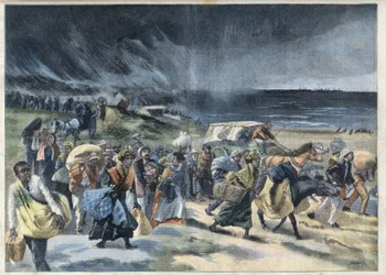 Exodus van de inwoners van Fort de France (Fort-de-France) na de uitbarsting van de vulkaan Montagne Pelee op Martinique. Gravure in 