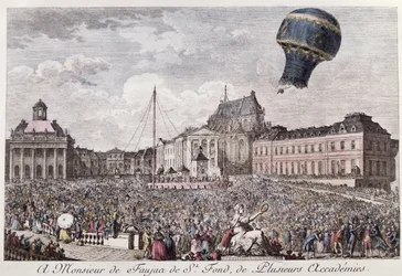 Experiment in Versailles van de gebroeders Montgolfier met de vlucht in een Montgolfière heteluchtballon van een haan, een eend en een schaap op 19 september 1783