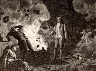 Explosie van de explosievenfabriek van Essonne, Frankrijk, ca. 1788 (gravure)