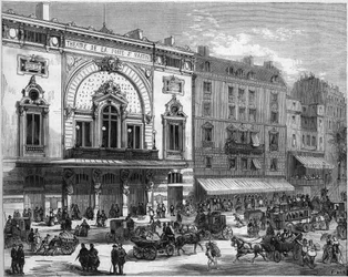 Buitenaanzicht van het Porte Saint Martin theater in Parijs, herbouwd in 1873. Gravure in 