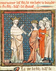 Het huwelijk van Lodewijk II (846-79) de Stotteraar en Adelaide van Frioul, koningin van Aquitanië, uit de Grandes Chroniques de France 1375-79