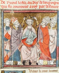 Raoul, zoon van de hertog van Bourgondië, wordt gekroond tot koning van Frankrijk, uit de Grandes Chroniques de France, 1375-79