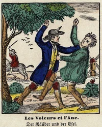 Fabels van La Fontaine: de dieven en de ezel. Afbeelding van Epinal, eerste helft van de 19e eeuw