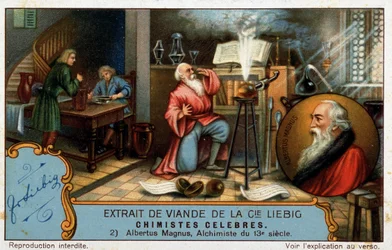 Beroemde chemici: Albrecht von Bollstadt bekend als Albert de Grote of Albertus Magnus (1206 - 1280), Dominicaanse broeder, Duitse chemicus en alchemist professor van Thomas van Aquino kan worden voorgesteld als een leerling op de afbeelding