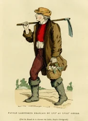 Boerenkostuum uit de 17e tot de 18e eeuw. Kleurenets naar een tekening van Chevignard, in 