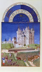 Facsimile van September: druivenoogst door de gebroeders Limbourg, uit de Très Riches Heures du Duc de Berry