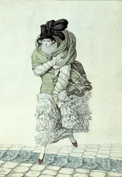 Modeplaat die een dame toont die een rioolstroom oversteekt, 1811