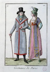 Mode onder het Directoire: een stel elegante Parijzenaars. Anonieme lithografie van 1795. Parijs, kostuummuseum