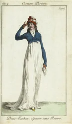 Modieuze vrouw in een halve tulband en spencerjas