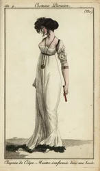 Modieuze vrouw of Merveilleuse met crêpe hoed