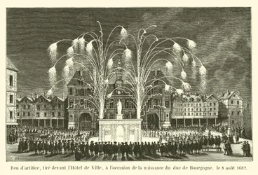 Vuurwerk, afgeschoten voor het stadhuis, ter gelegenheid van de geboorte van de hertog van Bourgondië, 8 augustus 1682