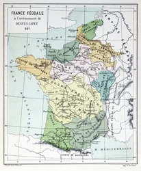 Feodaal Frankrijk ten tijde van de Troonsbestijging van Hugues Capet in 987, kaart geïllustreerd in een Histoire de France c.1880
