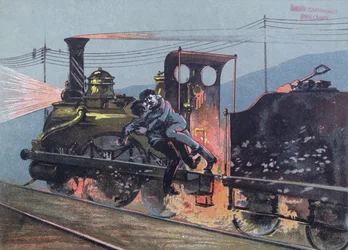 Gevecht tussen Jacques Lantier (1840-70) en Pecqueux op de trein, Le Lison, scène uit La Bête Humaine door Emile Zola (1840-1902) illustratie uit Le Petit Rouennais