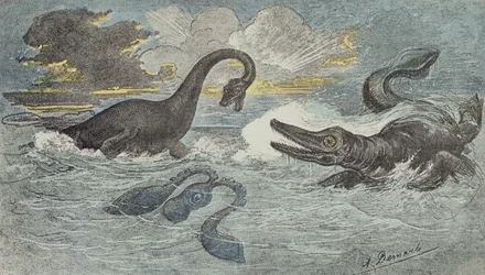 Gevecht tussen een Plesiosaurus en een Ichthyosaurus in het Liassische of Jura tijdperk (208 tot 146 miljoen jaar geleden), 1880