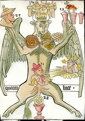 Figuur die de evangelist Sint Lucas symboliseert: een stier geassocieerd met de stad Jericho (of Jeruzalem), een tros druiven, een profeet, de Christus van het Laatste Oordeel verschijnt met sterren en zonnestralen, een portret van een Jood, een kelk
