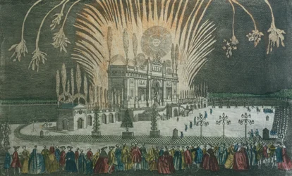 Vuurwerk in Green Park ter viering van de ondertekening van het Verdrag van Parijs in 1763